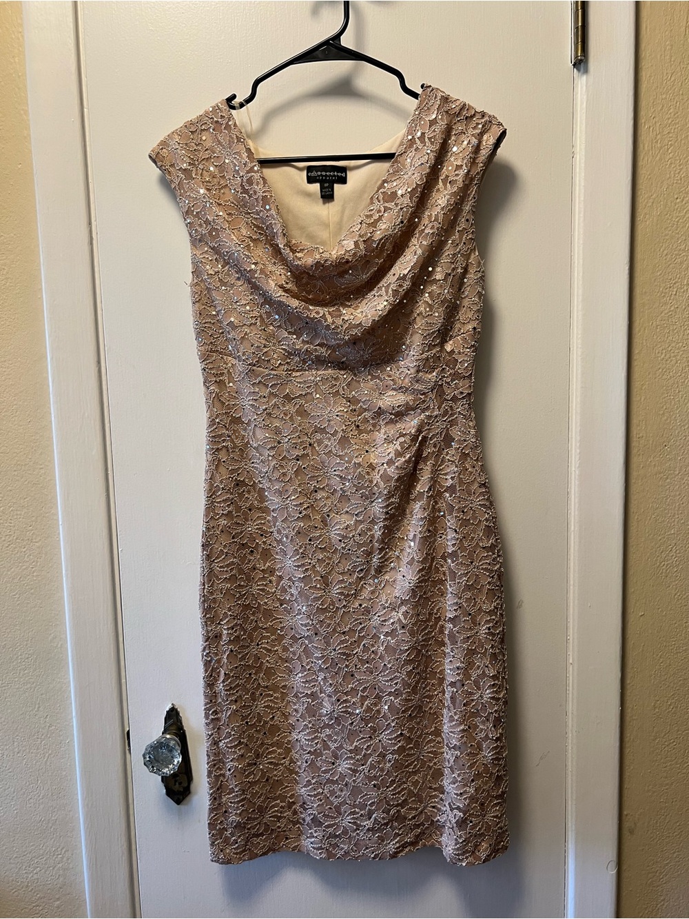 Nude Lace Cowl Neck Cocktail Dress